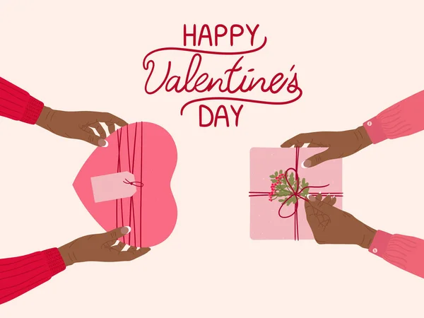 Concepto San Valentín Las Mujeres Negras Intercambian Románticas Cajas Regalo — Vector de stock