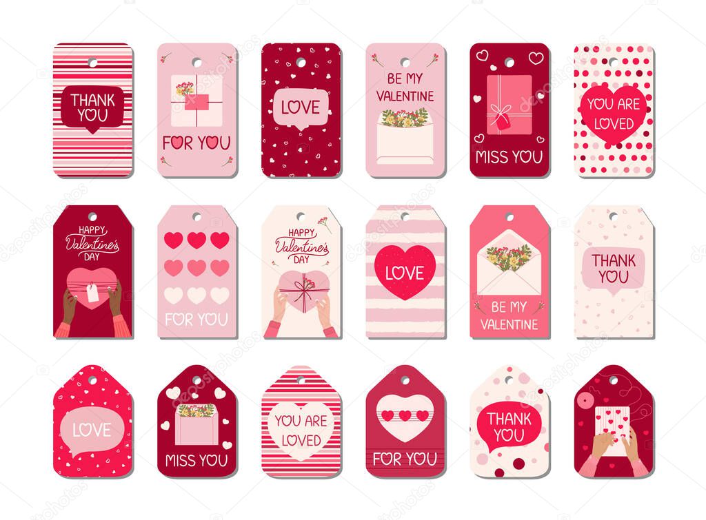 Big set of Valentine's day tags with hand written greeting lettering, gift boxes, female hands, hearts. Happy Valentine's day concept. Hand drawn vector illustration in red, pink colors