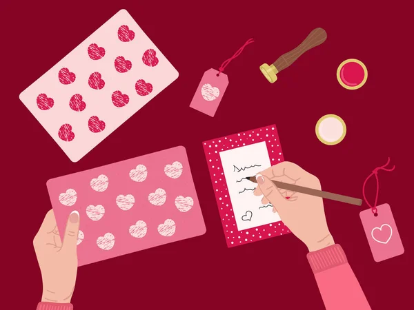 バレンタインデーのコンセプト 白い女性の手はクラフト紙に包まれたギフトボックスとグリーティングカードを書き込みます ロマンチックな環境に優しい包装 心を持つトップビューテーブル 手描きベクトルイラスト — ストックベクタ