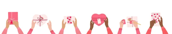 Concept Saint Valentin Les Mains Féminines Diversité Tiennent Des Boîtes — Image vectorielle