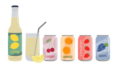 Set of soft drinks in aluminum cans and glass bottle with soda and lemonade. Carbonated non-alcoholic water with fruit and berry flavors. Hand drawn vector illustration isolated on white background