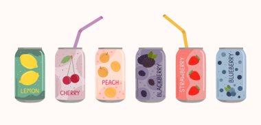 Set of soft drinks in aluminum cans with soda and lemonade, straws. Carbonated non-alcoholic water with fruit and berry flavors. Hand drawn vector illustration isolated on color background
