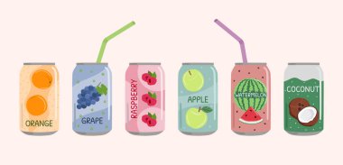Set of soft drinks in aluminum cans with soda and lemonade, straws. Carbonated non-alcoholic water with fruit and berry flavors. Hand drawn vector illustration isolated on color background