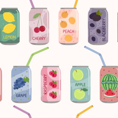 Seamless patterns of soft drinks in aluminum cans with soda and lemonade. Carbonated non-alcoholic water with fruit and berry flavors. Hand drawn vector illustration isolated on white background