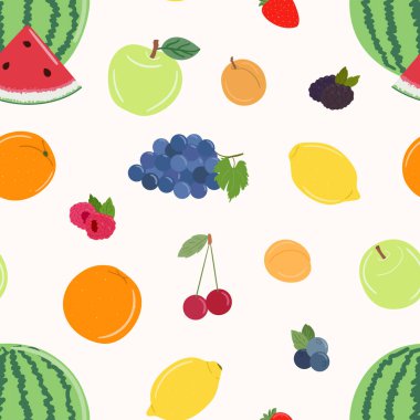 Seamless pattern of fruits and berries. Orange, apple, peach, watermelon, grape and lemon. Blackberry, raspberry, blueberry and cherry. Hand drawn vector illustration