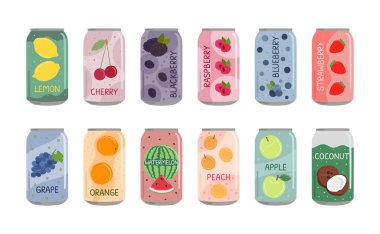 Set of soft drinks in aluminum cans with soda and lemonade. Carbonated non-alcoholic water with fruit and berry flavor. Hand drawn vector illustration isolated on white background