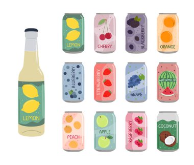 Set of soft drinks in aluminum cans with soda and lemonade. Carbonated non-alcoholic water with fruit and berry flavors. Hand drawn vector illustration isolated on white background