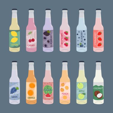 Set of soft drinks in glass bottles with soda and lemonade. Carbonated non-alcoholic water with fruit and berry flavor. Hand drawn vector illustration isolated on white background