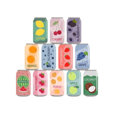 Set of soft drinks in aluminum cans pyramid with soda and lemonade. Carbonated non-alcoholic water with fruit and berry flavor. Hand drawn vector illustration isolated on white background