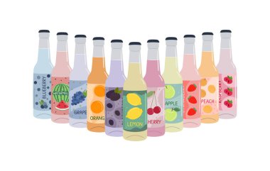Set of soft drinks in glass bottles with soda and lemonade. Carbonated non-alcoholic water with fruit and berry flavor. Hand drawn vector illustration