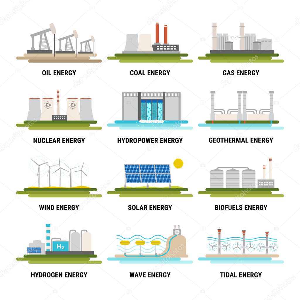 Set of electricity generation source type icons. Nonrenewable energy sources like oil, gas, coal, nuclear. Renewable energy sources like hydropower, solar, wind and geothermal. Flat vector