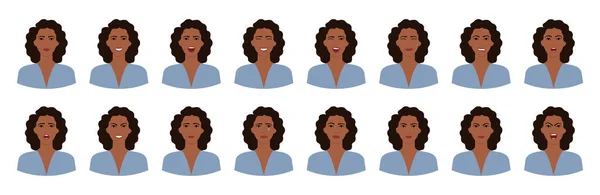 Zestaw Emocji Czarnej Kobiety Kręconymi Włosami Wariacje Kobiecych Twarzy Uśmiech — Wektor stockowy