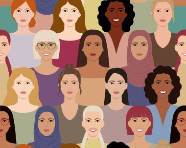 Farklı saç stilleri, ten renkleri, ırkları ve yaşları olan kusursuz kadınlar. Gülümseyen kadınların farklı yüzleri. Uluslararası Kadınlar Günü. Parlak renklerde düz vektör illüstrasyonu.
