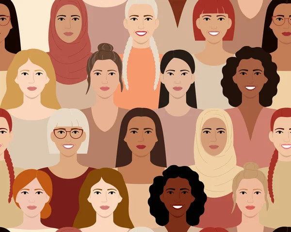 Patrón Sin Costuras Las Mujeres Con Diferentes Peinados Colores Piel — Archivo Imágenes Vectoriales