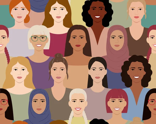 Patrón Sin Costuras Las Mujeres Con Diferentes Peinados Colores Piel — Archivo Imágenes Vectoriales
