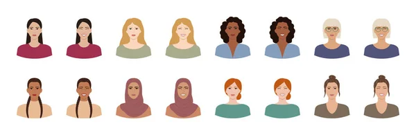 Set Van Vrouwen Met Verschillende Kapsels Huidskleuren Rassen Leeftijden Diverse — Stockvector