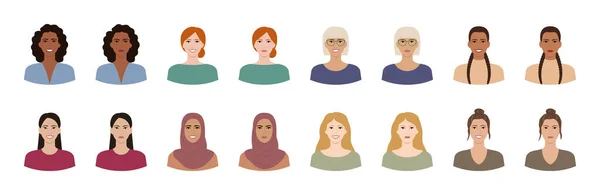 Set Van Vrouwen Met Verschillende Kapsels Huidskleuren Rassen Leeftijden Diverse — Stockvector