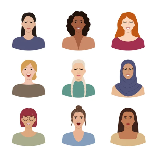 Set Women Different Hairstyles Skin Colors Races Ages Diverse Portraits — Stock Vector