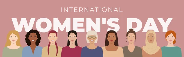 Internationale Vrouwendag Poster Vrouwen Met Verschillende Kapsels Huidskleuren Rassen Leeftijden — Stockvector
