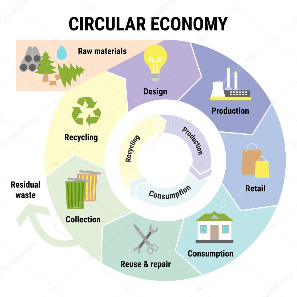 Circular economy infographic. Sustainable business model. Scheme of product life cycle from raw material to design, production, consumption, reusing, collection and recycling. Flat vector illustration