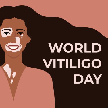 Dünya Vitiligo Günü 25 Haziran kare pankartı. Vitiligo deri hastalığı olan Afrikalı bir kadının yüzü. Vücut pozitif. Düz vektör illüstrasyonu