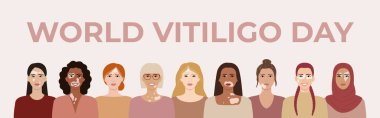 Dünya vitiligo günü 25 Haziran yatay bayrağı. Farklı etnik kökenlere sahip kadın yüzleri, ten renkleri, vitiligo cilt hastalığı olan saç şekilleri. Vücut pozitif konsept. Düz vektör izole çizimi