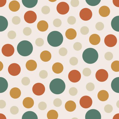 70 s seamless pattern. Retro colorful dots geometric seamless background in seventies style. Groovy scrapbook paper. Yellow, orange, brown, green vintage colors vector pattern