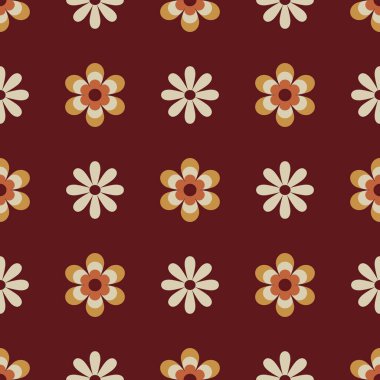 70 s seamless pattern. Retro flower geometric seamless background in seventies style. Groovy scrapbook paper. Yellow, beige, brown vintage colors vector pattern