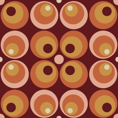 70 s seamless pattern. Retro circle geometric seamless background in seventies style. Groovy scrapbook paper. Yellow, orange, brown, pink vintage colors vector pattern
