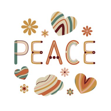 Peace quote. 70 s groovy card prints with rainbow letters. Printable vector for wall decor, cards, posters in yellow, orange, brown, green vintage colors.