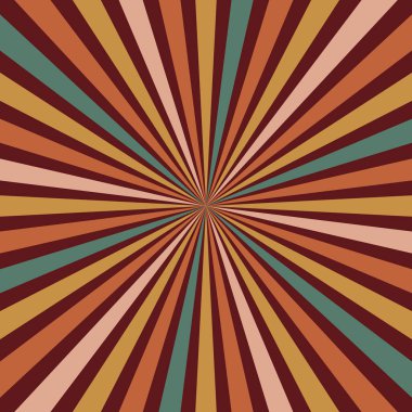 Retro colorful sun geometric background in seventies style. Yellow, orange, brown, green vintage colors vector design