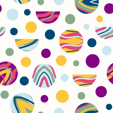 Seamless pattern with colorful rainbow circle and dots. Nursery art design for decoration, childish printing for fabric and wall art. Hand drawn vector illustration.