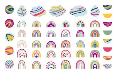 Set of colorful rainbows, clouds, circles, semicircle. Nursery art design for decoration, childish printing for fabric and wall art. Hand drawn vector illustration.