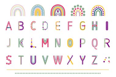 Rainbow colorful alphabet letter set. Nursery art design for decoration, childish printing for fabric and wall art. Hand drawn vector illustration.