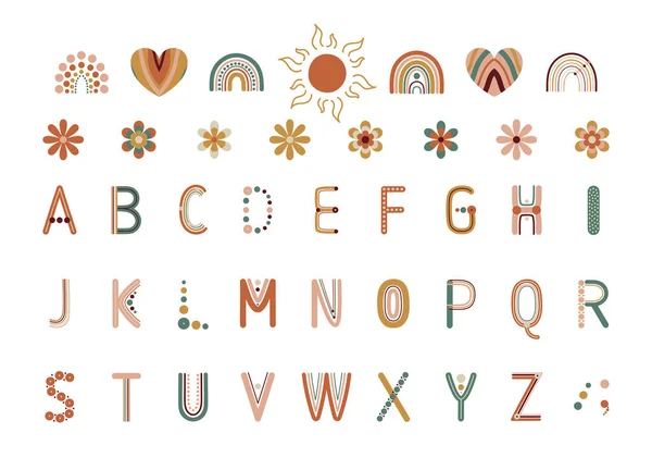 Rainbow Alphabet Letter Set Retro Colors Groovy Style Flowers Hearts — 图库矢量图片