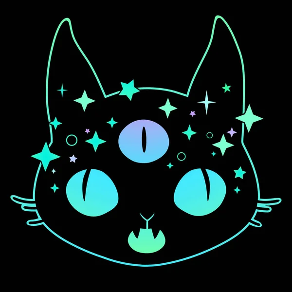 星で飾られた異世界の輝く猫の頭 — ストックベクタ