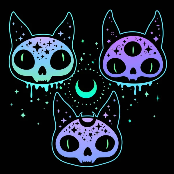 Conjunto Três Crânios Gatos Neon Brilhantes Mágicos — Vetor de Stock