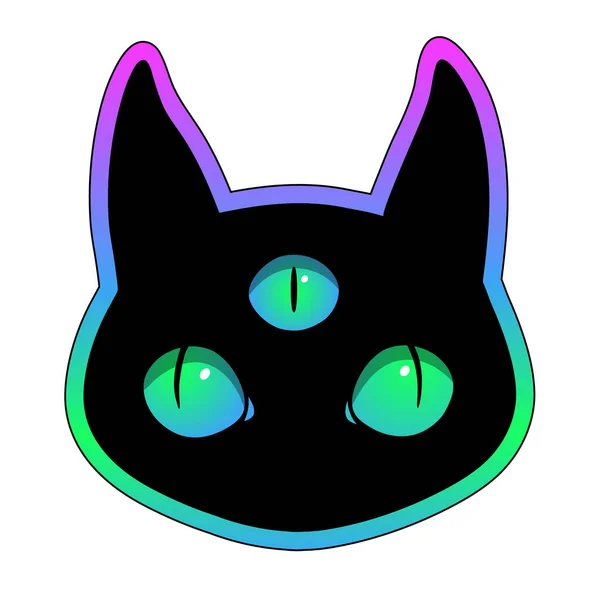 Head Fantasy Black Cat Three Eyes Multicolored Bright Background — Stock Vector