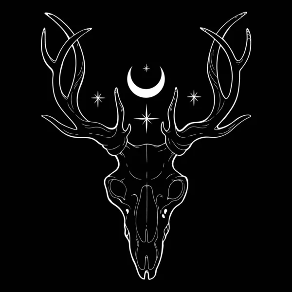 黒の背景に幽霊のような神秘的な鹿の頭蓋骨 — ストックベクタ