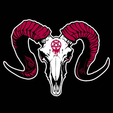 Kırmızı boynuzlu keçi kafatası ve alnında pentagram