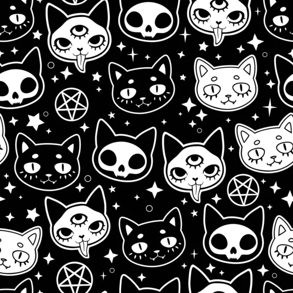 Naadloze Illustratie Met Magische Symbolen Van Hekserij Katten — Stockvector
