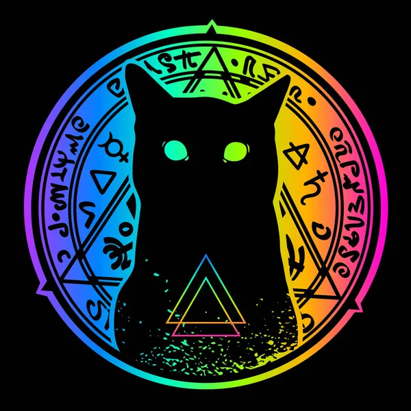 Μαύρη Σιλουέτα Γάτας Φόντο Πολύχρωμων Αλχημικών Επιγραφών Ουράνιου Τόξου — Διανυσματικό Αρχείο
