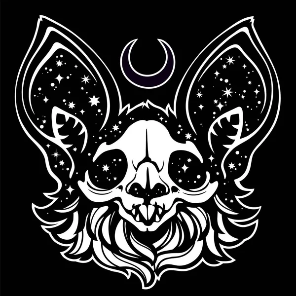 用星星装饰的死亡蝙蝠的巫婆头骨 — 图库矢量图片