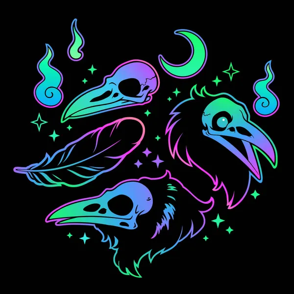 Sada Nálepek Ptačími Lebkami Neonových Barvách — Stockový vektor