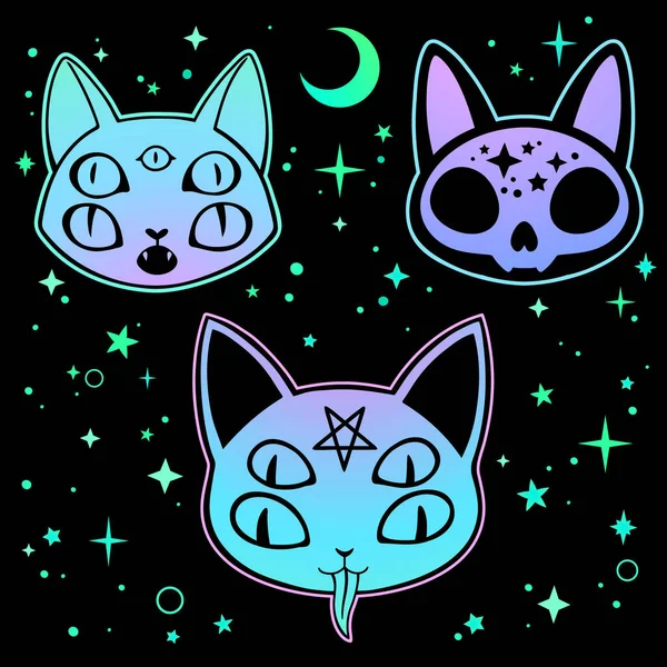 Set Three Stickers Multicolored Scary Cats — Stock Vector