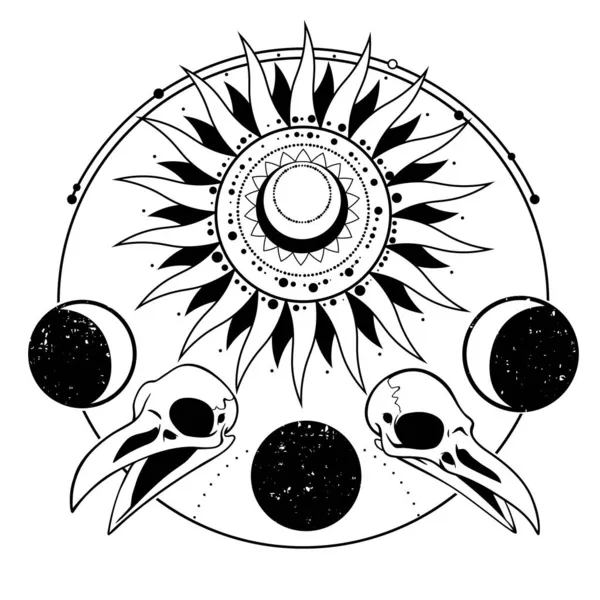 Hexerei Komposition Aus Verzierten Sonnen Mond Und Vogelschädeln — Stockvektor