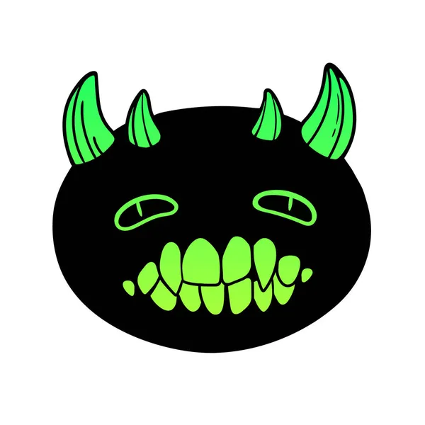 Head Black Cartoon Animal Green Eyes Fanged Smile — Stock Vector