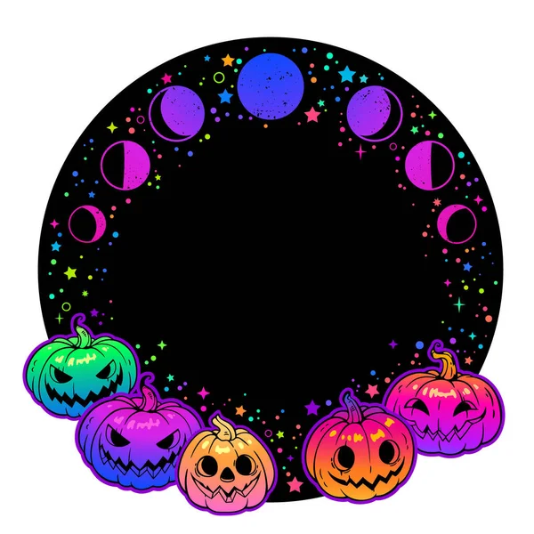 Bingkai Bulat Dengan Labu Halloween Terang Dan Bintang Bintang - Stok Vektor