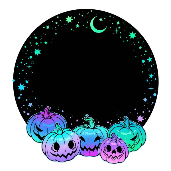 Marco Redondo Con Calabazas Halloween Brillantes Estrellas — Vector de stock