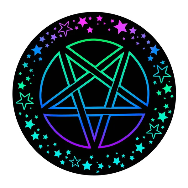 Mistik Parlak Pentagram Dağınık Parlak Neon Yıldızlarla Süslenmiş — Stok Vektör